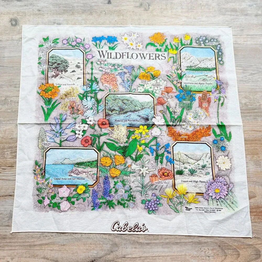 Vintage 1994 Wildflowers Bandana USA Floral Botanical Nature Cottagecore Western